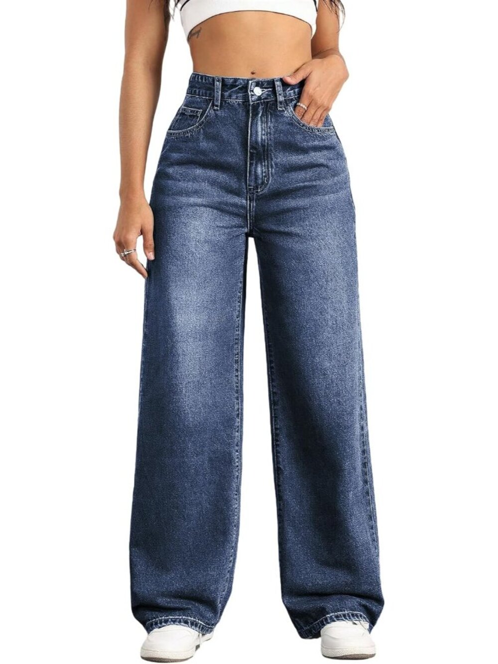Women's Dark Blue High Waisted Wide Denim Pants Baggy Trendy Straight Leg Jeans